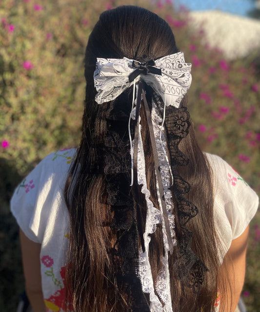 Black and white lace bandana bow